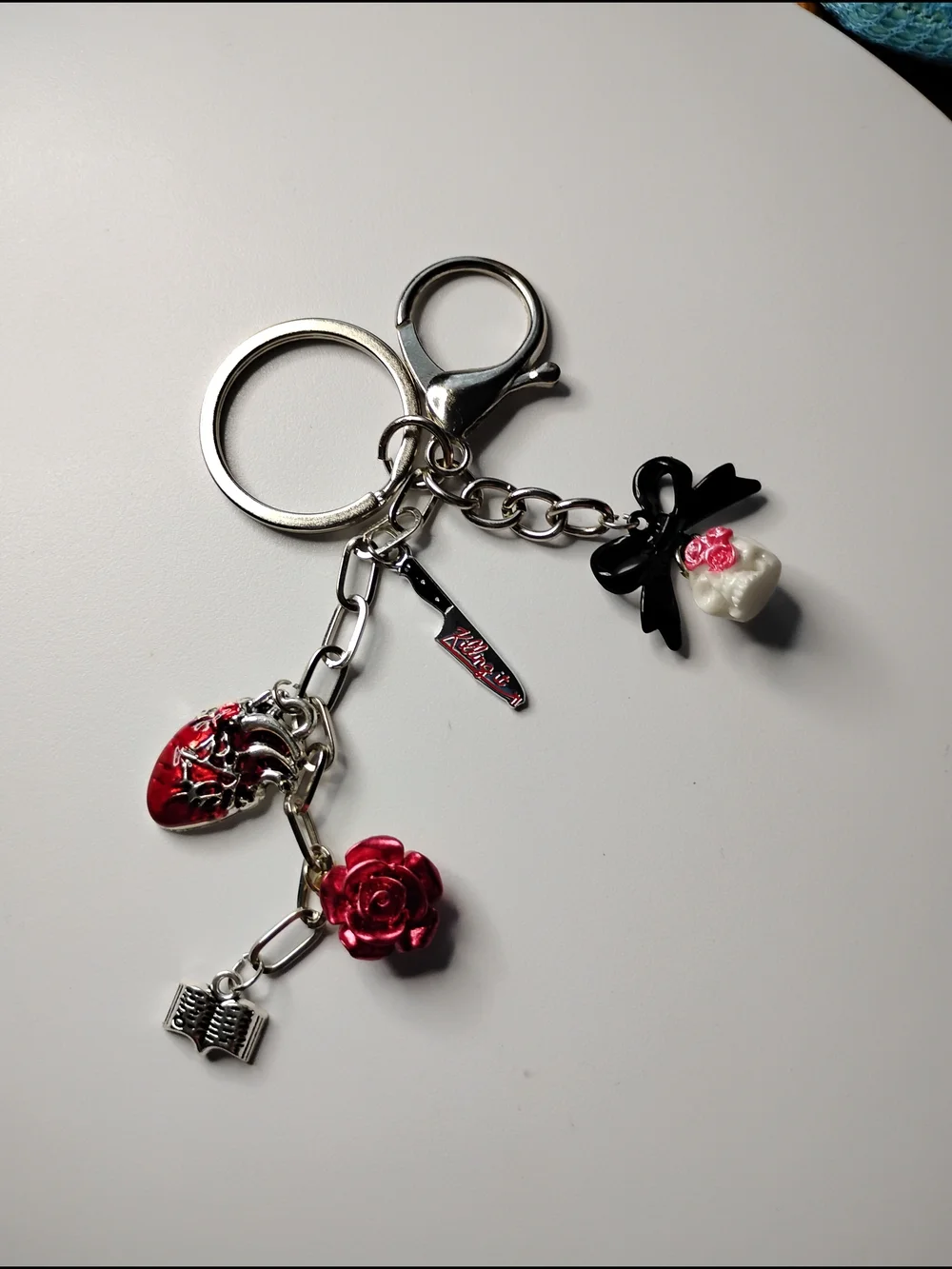 Red Rose & Skull Charm Keychain with Black Bow - Women Accessories